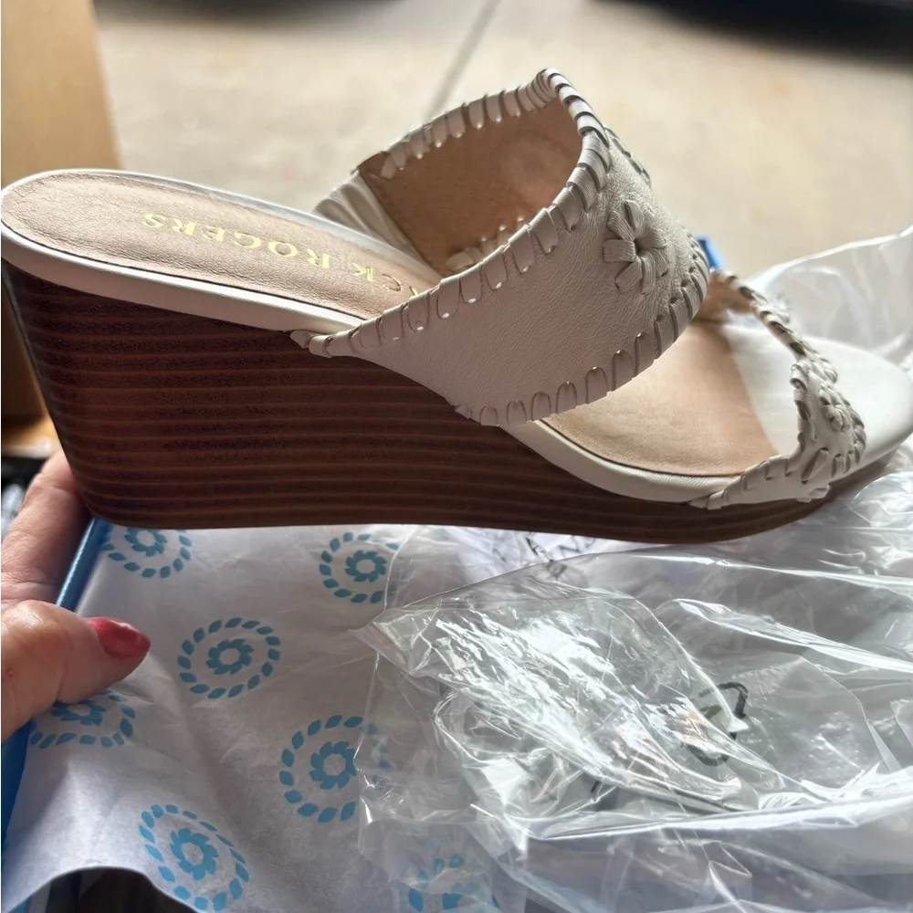 Jack Rogers Caroline Wedge Sandal WhiteLeather Whipstitch Floral Cutout Platform